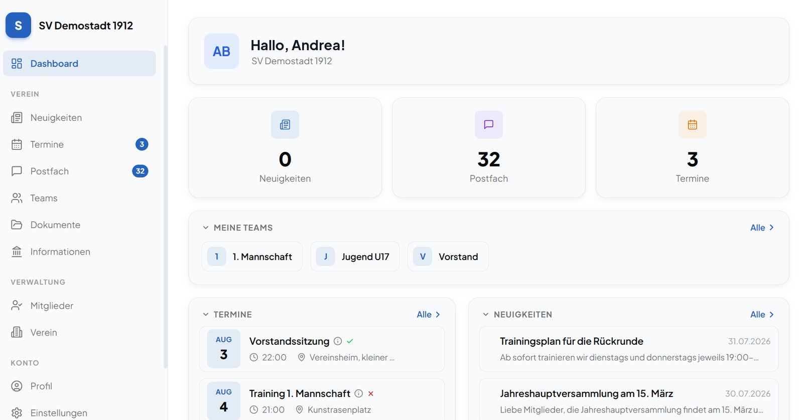 Dashboard des Demo-Vereins SV Demostadt 1912 mit Zählern für Neuigkeiten, Postfach und Termine, den eigenen Teams sowie den nächsten Terminen und Neuigkeiten