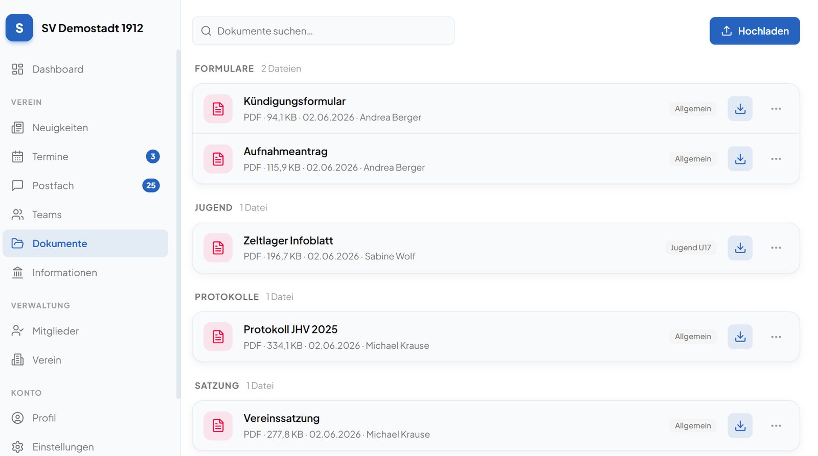Dokumentenablage mit den Kategorien Formulare, Jugend, Protokolle und Satzung, je Datei mit Format, Größe, Datum, Hochladendem und Freigabe