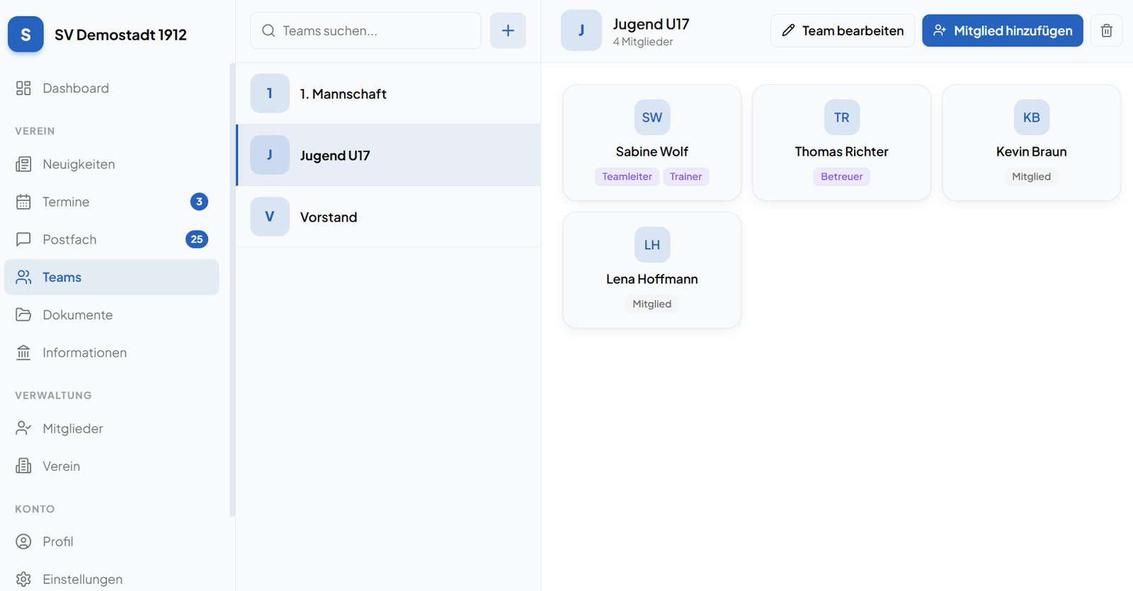 Teamübersicht mit den Teams des Vereins und den Mitgliedern eines Jugendteams, jeweils mit den Rollen Teamleiter, Trainer, Betreuer und Mitglied